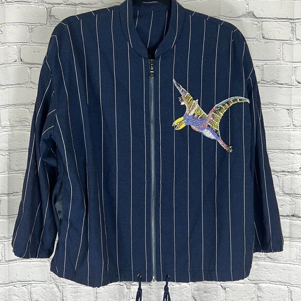 Jacket sequin bird embellished pinstripe navy blue size medium